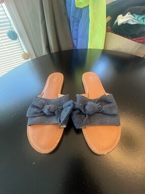 Cato Denim Knot Slide Sandals in Navy and Tan